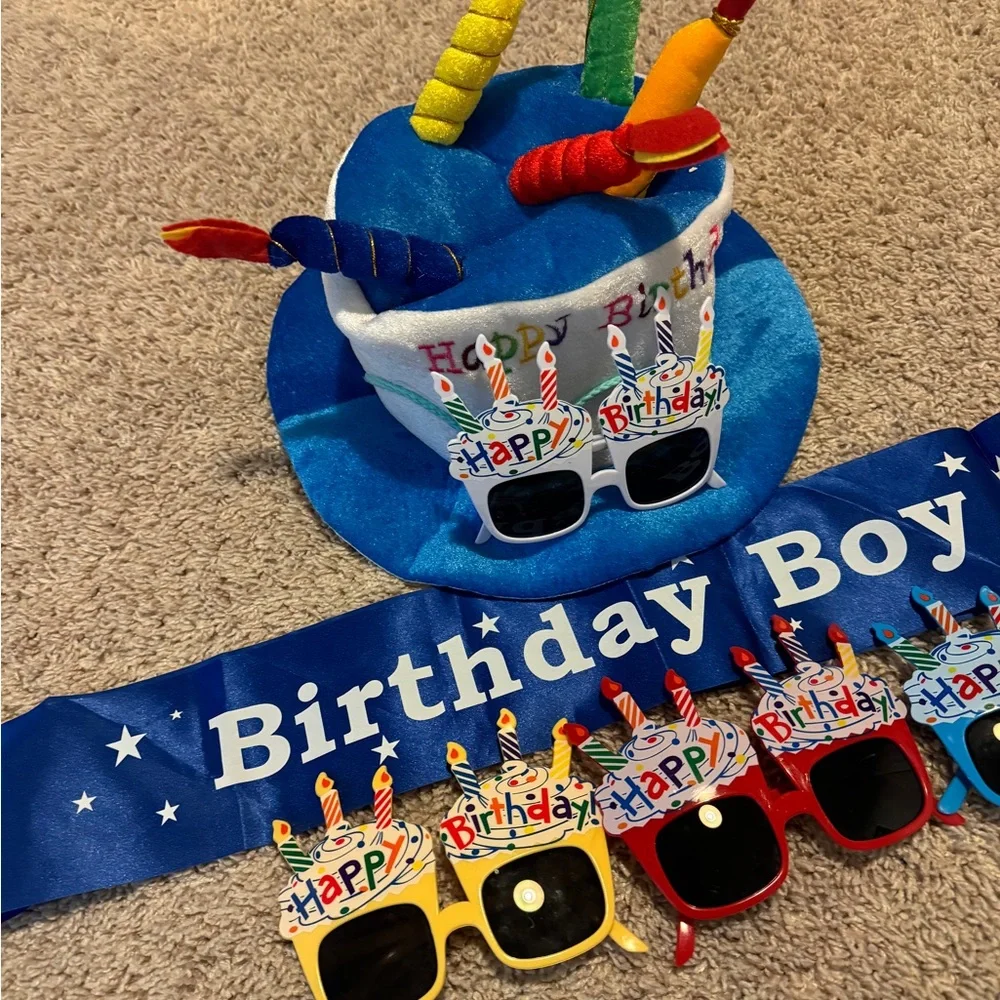 Boy Blue Plush Happy Birthday Cake Hat With 4 Glasses Fancy Dress Party Set